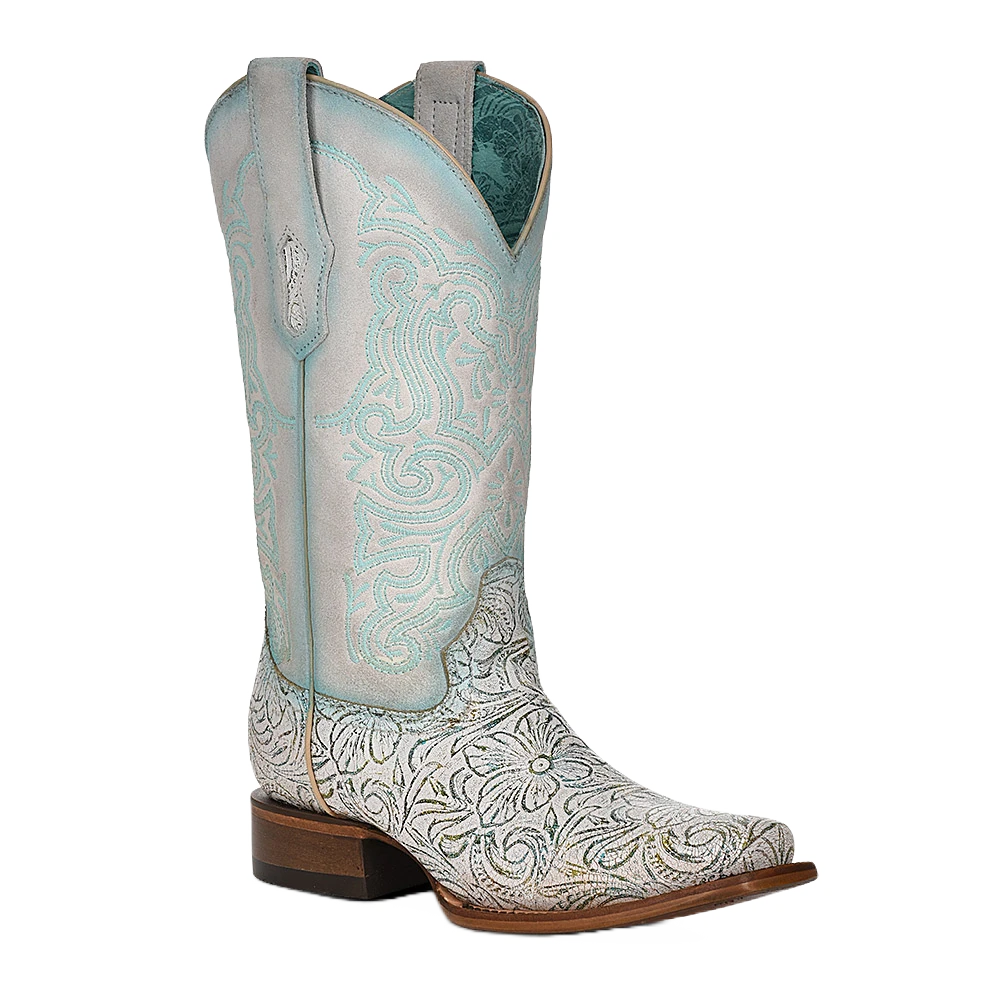Corral Boots Corral Ladies Embroidered White & Turquoise Square Toe Boot Z5139