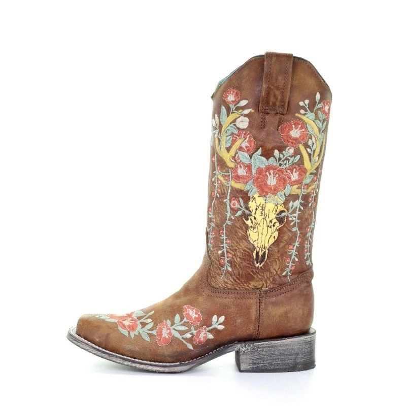 Corral Boots Corral Ladies Tan Deer Skull Overlay & Floral Embroidery Boots A3708 - Image 4